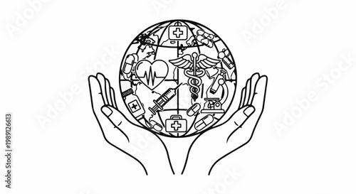 Hands cradle globe filled with medical symbols, global health