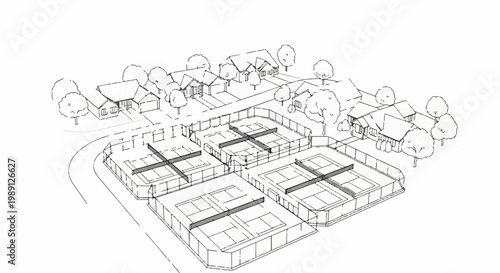 Hand-drawn architectural sketch of a residential neighborhood with a sports complex