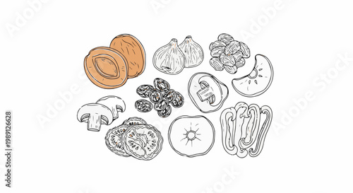 Hand-drawn assortment of fruits, vegetables, and mushrooms on white background