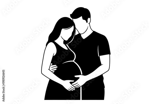 Silhouette Illustration of a Pregnant Woman and Her Partner Embracing Her Belly - Expectant Couple Maternity Concept