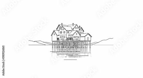 Houses on stilts over water with hilly background, drawn in black outline