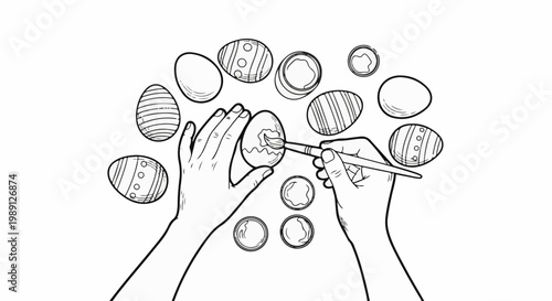 Hands painting decorative eggs with a brush, surrounded by more eggs and paint pots