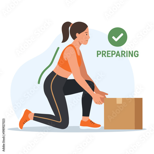 Woman preparing to lift a heavy cardboard box in gym attire