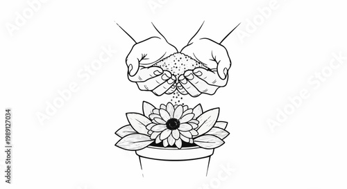 Hands pouring granular fertilizer onto a blooming flower in a pot