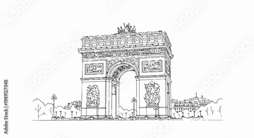 Iconic arch monument with detailed carvings, illuminated by streetlights