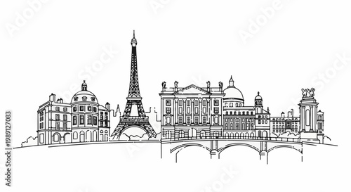 Iconic city skyline sketch featuring a famous tower and ornate bridges