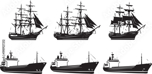 collection of sailing ships and cargo ships silhouettes on transparent background.