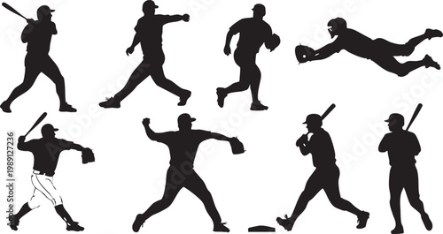 collection of baseball player silhouettes in action on transparent background.