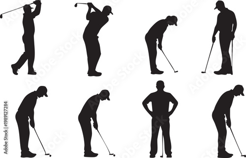 Golfers in various poses, ready to play, swinging, putting, full body silhouettes.