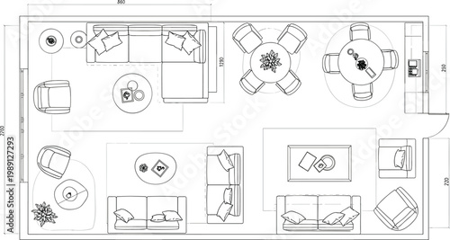 Top down view of a modern living room layout with furniture arrangement, floor plan.