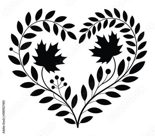 Heart-shaped floral wreath with maple leaves and berries, black silhouette