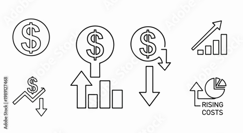 Icons representing financial fluctuations, including dollar signs and bar charts depicting growth and decline