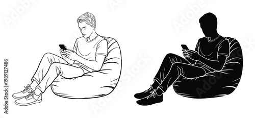 Line and Silhouette of a Person Sitting on a Beanbag Chair Using a Smartphone