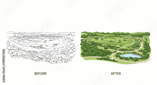 Illustrates transformation of a barren area into a lush, green landscape with paths and pond