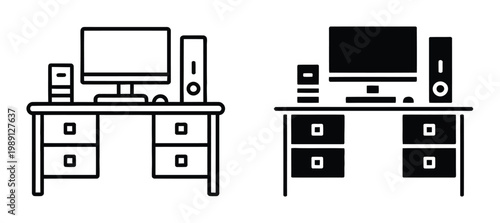 Set of a computer desk with monitor, tower, and drawers