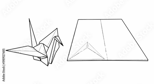 Line art of a folded paper crane and a folded paper for origami