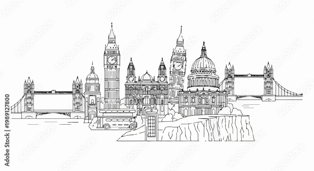 Fototapeta premium London skyline sketch with iconic landmarks, bus, and phone booth