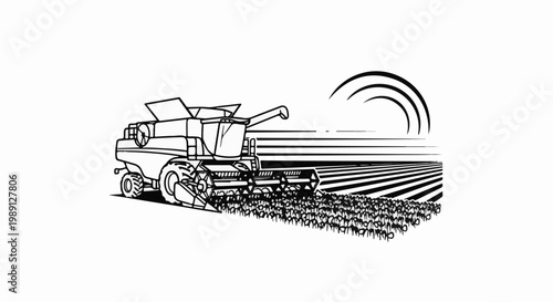 Illustration of a combine harvester working in a field under a stylized sun