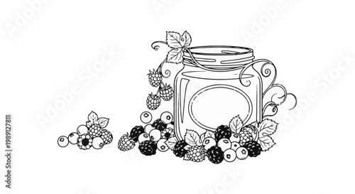 Line art of a jar filled with berries, surrounded by fresh fruit
