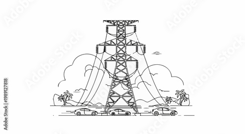 Illustration of a power tower over a road with cars and tropical trees