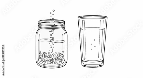 Line art of a mason jar with bubbles and a glass of bubbly liquid