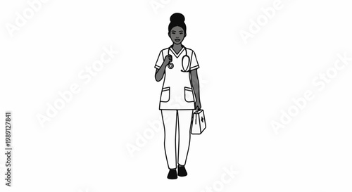 Illustration of a person in medical uniform holding a medical bag and stethoscope
