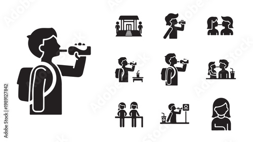 Drinking water icons set, black silhouette people hydrating with bottles and cups, 10 vector elements for health and wellness infographics