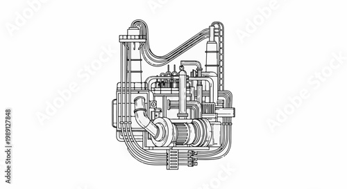 Intricate industrial machinery drawing with pipes, gears, and complex mechanisms