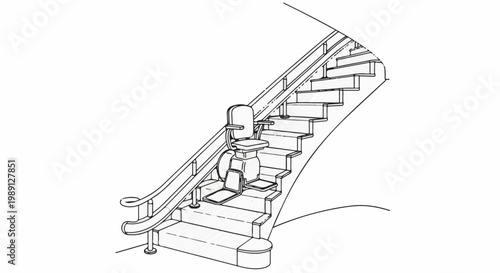 Illustration of a stair lift ascending a curved staircase with an open seat