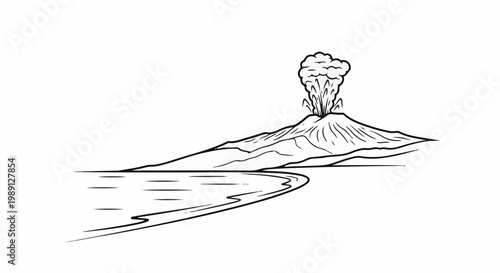 Illustration of a volcanic eruption spewing ash into the sky beside a body of water