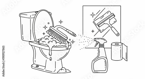 Line art depicting toilet cleaning supplies and a sparkling toilet