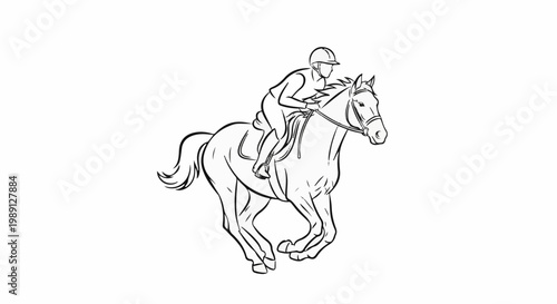 Line art of a person riding a horse at a gallop