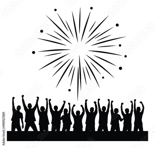 Silhouette of a cheering crowd under a bursting firework display