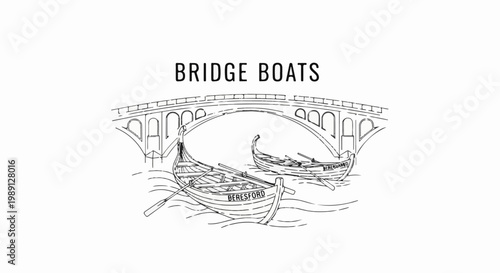 Line art depicts two rowing boats with oars under an arched bridge