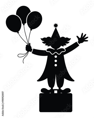 Silhouette of a happy clown holding balloons and standing on a box