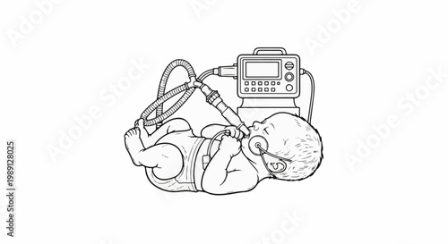 Illustration of infant connected to breathing machine
