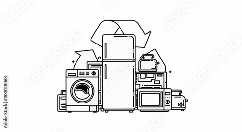 Illustration of stacked home appliances and recycling symbol