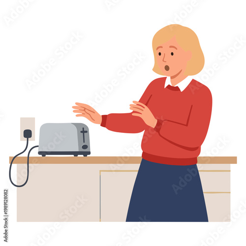 Woman shocked by toaster on kitchen countertop indoors.