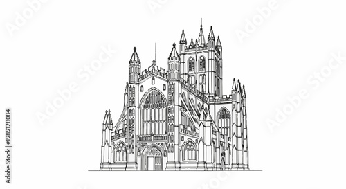 Intricate line drawing of a grand gothic cathedral with spires and arches