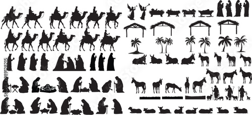 Nativity and Desert Caravan Silhouettes, Camel, Shepherd, Palm Trees and Religious Scene Elements