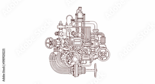 Intricate line drawing of complex industrial machinery with pipes and valves