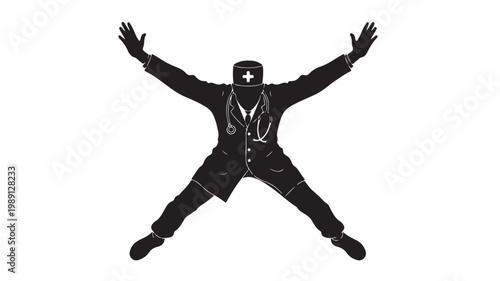 Medical doctor silhouette jumping with joy, happy physician in lab coat with stethoscope, healthcare professional celebrating success vector illustration