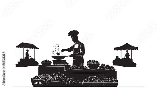 Professional chef silhouette cooking at street food market, outdoor festival food stall vector, culinary expert preparing fresh meal at night market