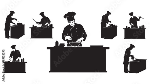 Professional chef silhouettes set, culinary experts cooking at kitchen counters, restaurant staff preparing food vector collection