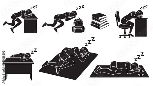 Exhausted student sleeping icons set, tired person napping at desk and on floor vector, black silhouette of man resting during study