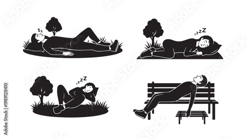 Minimalist black and white sleeping people icons, set of 4 vector silhouettes of men and women napping outdoors, tired characters resting on grass and park bench