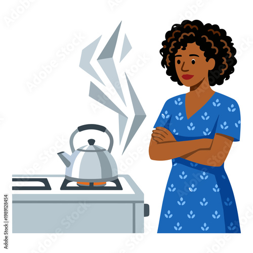 Woman stands beside a stove with a kettle as steam rises.