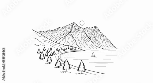 Majestic mountains meet serene water, with a sailboat under a sunlit sky