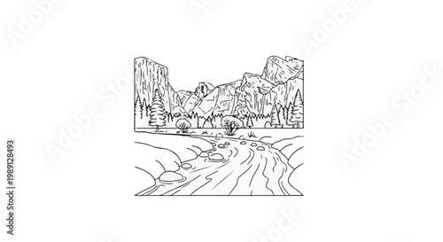 Majestic mountains overlook a winding river with trees and rocks