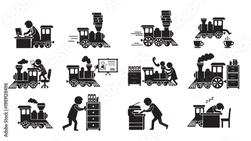 Business productivity office icons set, black steam train metaphors for work efficiency, corporate management stick figure vector collection